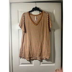 LuLaRoe Christy Tee Womens XL Mustard Yellow White Striped Ribbed V-Neck Tee